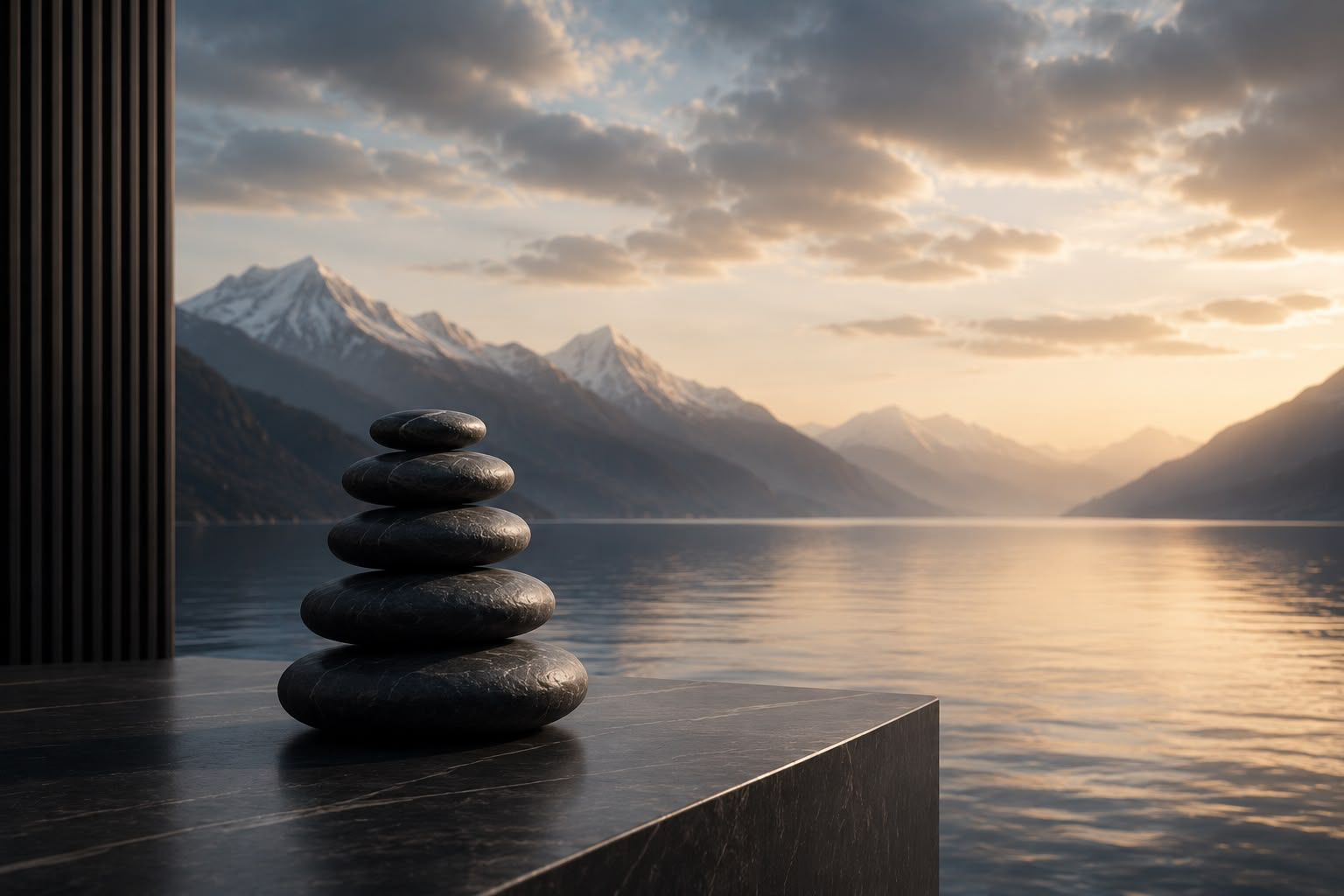 Balanced stones on a stone plinth overlooking a mountain lake at sunrise