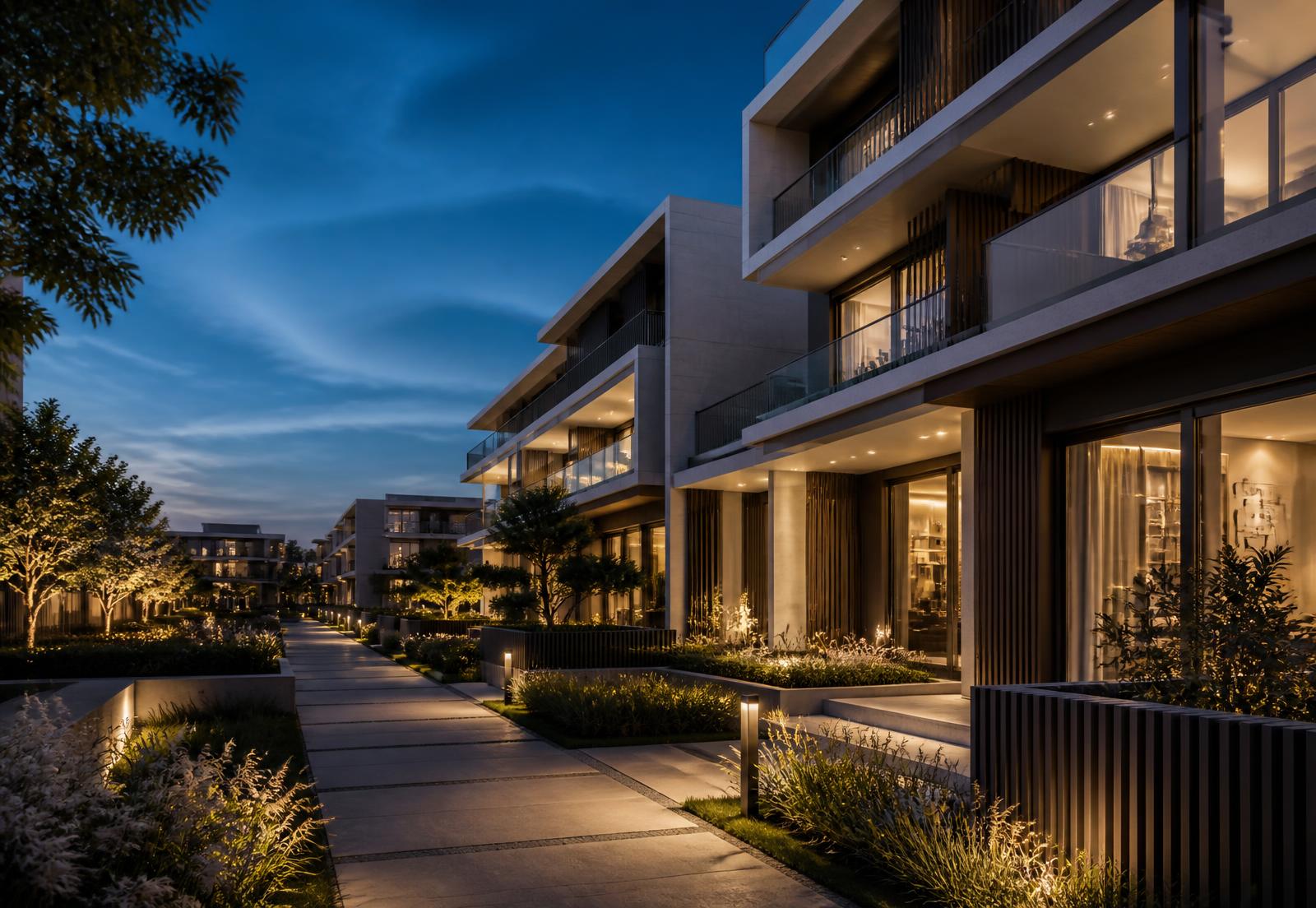 Contemporary residential development at dusk