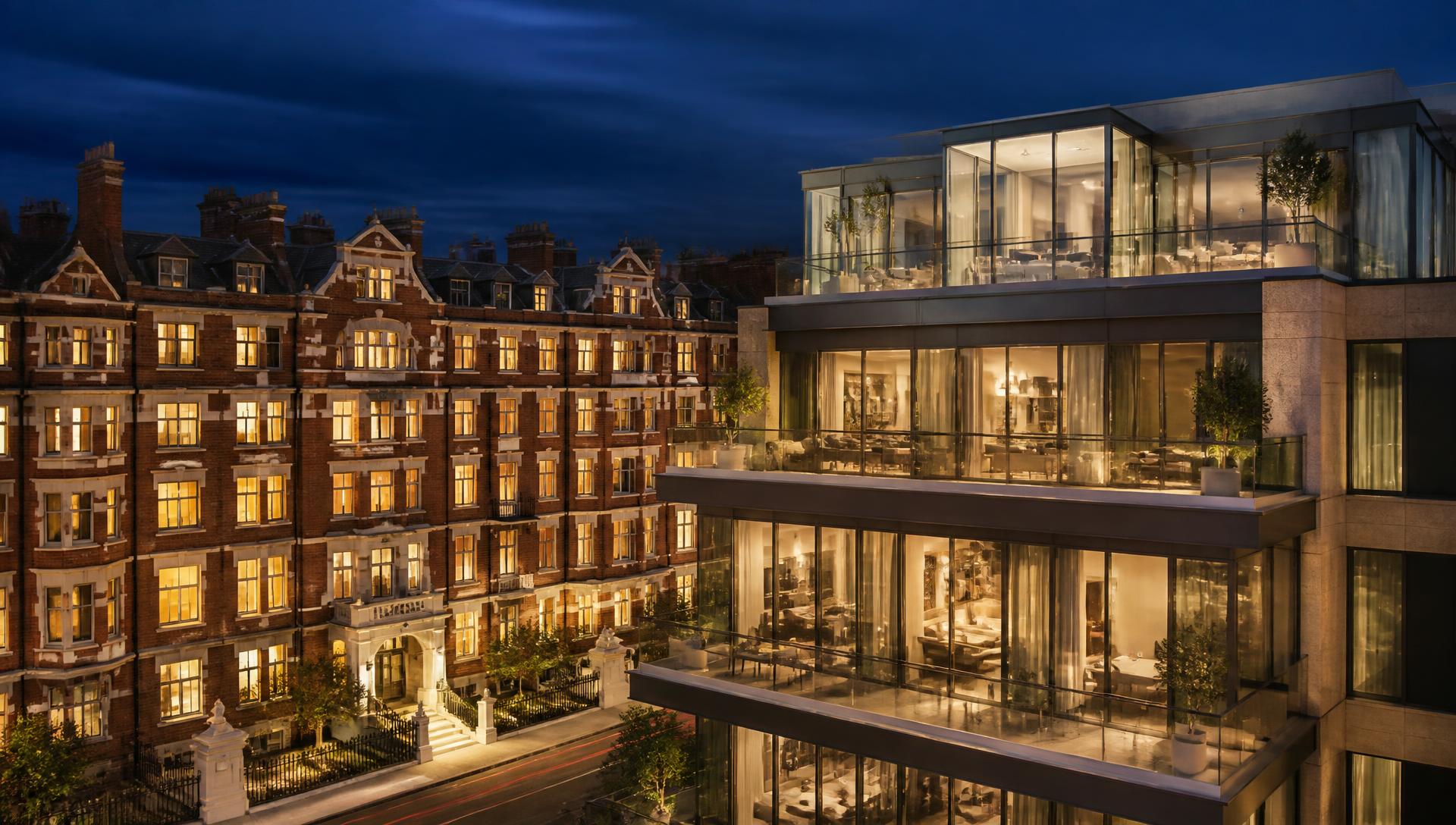 Prime London residential and contemporary penthouse development at dusk